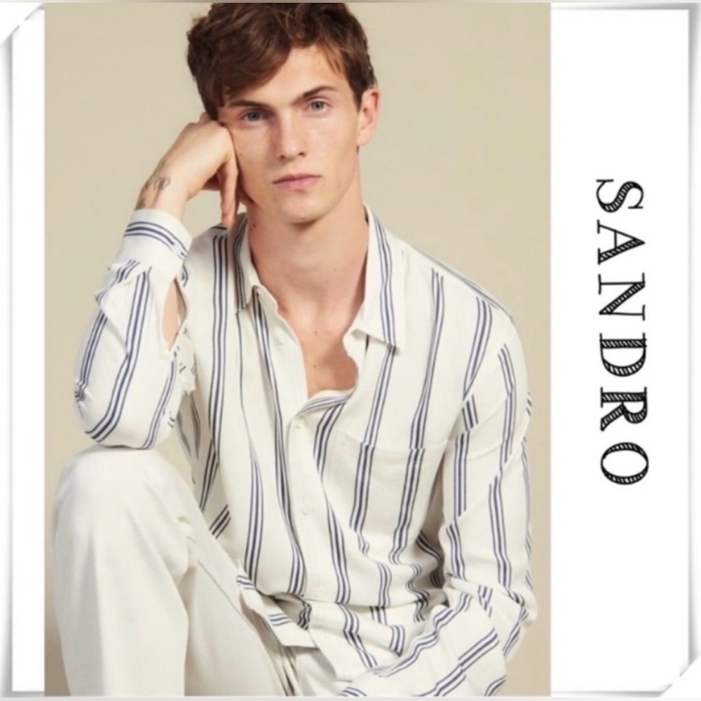 Sandro Cream Button-Down Shirt with Navy Stripes